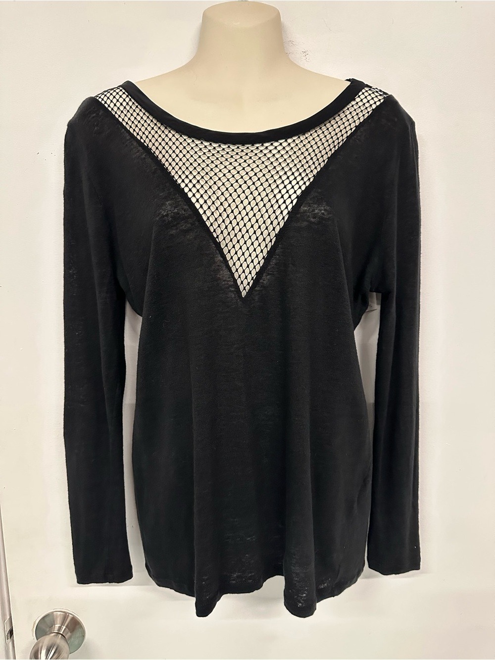 Sandro black linen Round neck V mesh long sleeve knit top Small